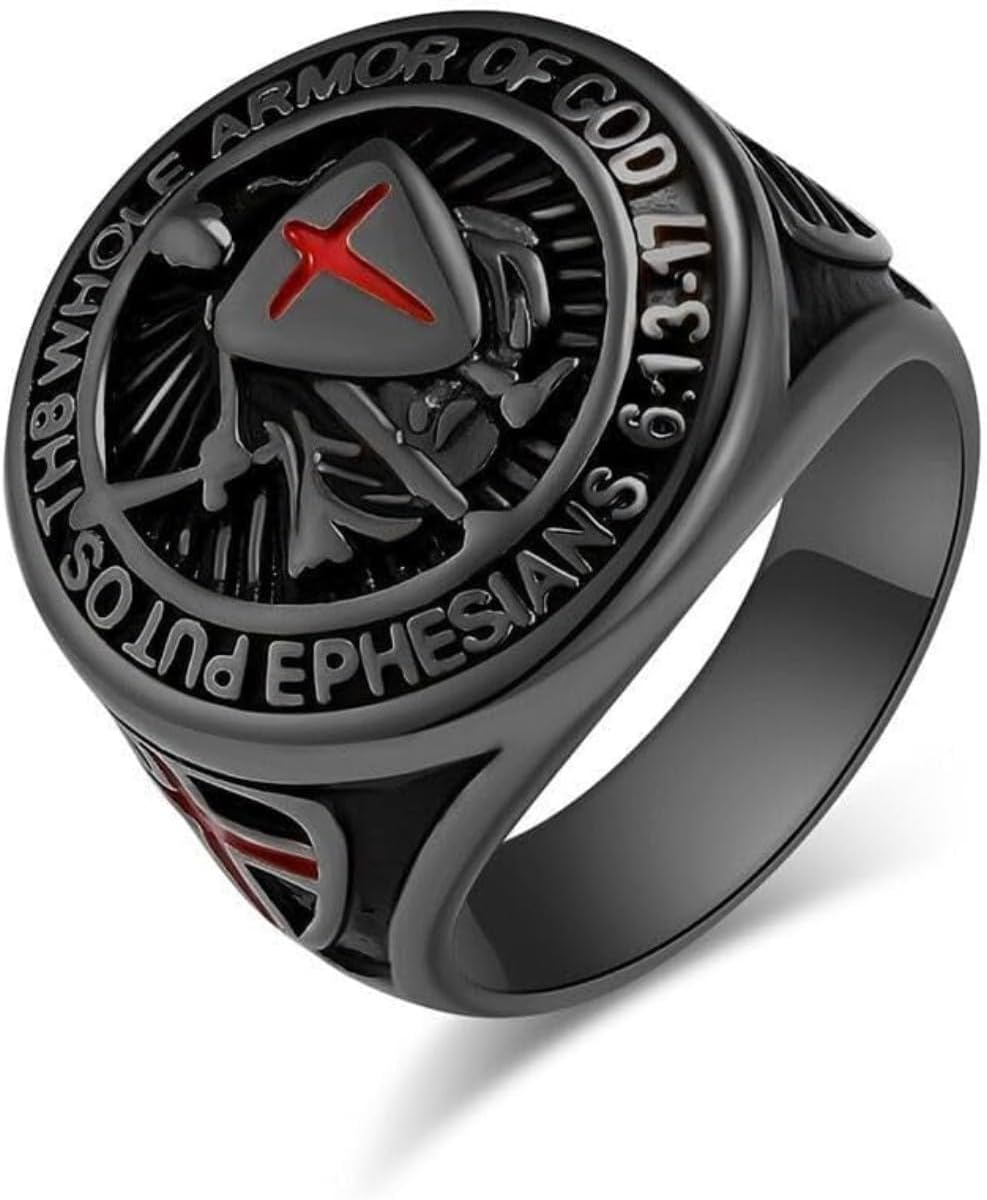 Stainless Steel 316L Knights Templar Put On The Whole Armor of God Ephesians 6:13-17 Cross Ring Us Size 7-13