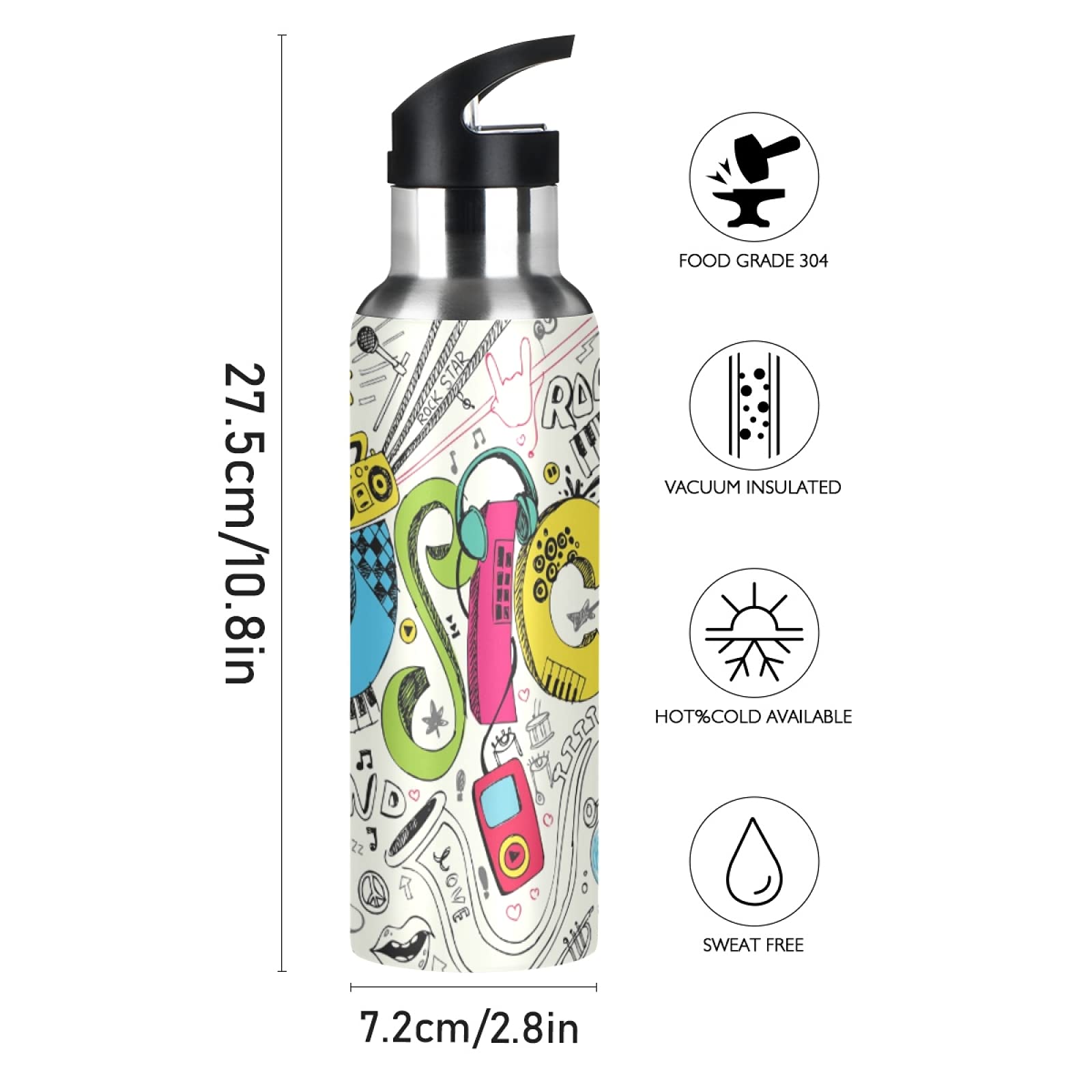 Vnurnrn Borraccia Termica In Acciaio Inox 600ml Con Design Chitarra Rock - Isolata Sottovuoto Per Bevande Calde E Fredde, Senza BPA - 2