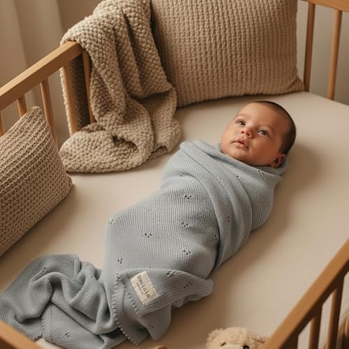 Bleu La La 100% Luxury Organic Cotton Pointelle Knit Baby Quilt Blanket for Boys – Refined Lightweight Heirloom Nursery Essential (Pointelle - Powder Blue) - Thumbnail 4