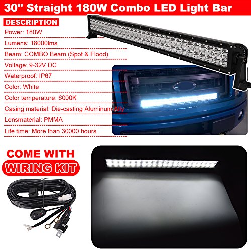 30'' 180W Led Straight Light Bar With Wiring Kit & Behind Hidden Grille Mount Brackets Compatible With 2009-2014 F150 Pickup 2Wd/4Wd #TOP2