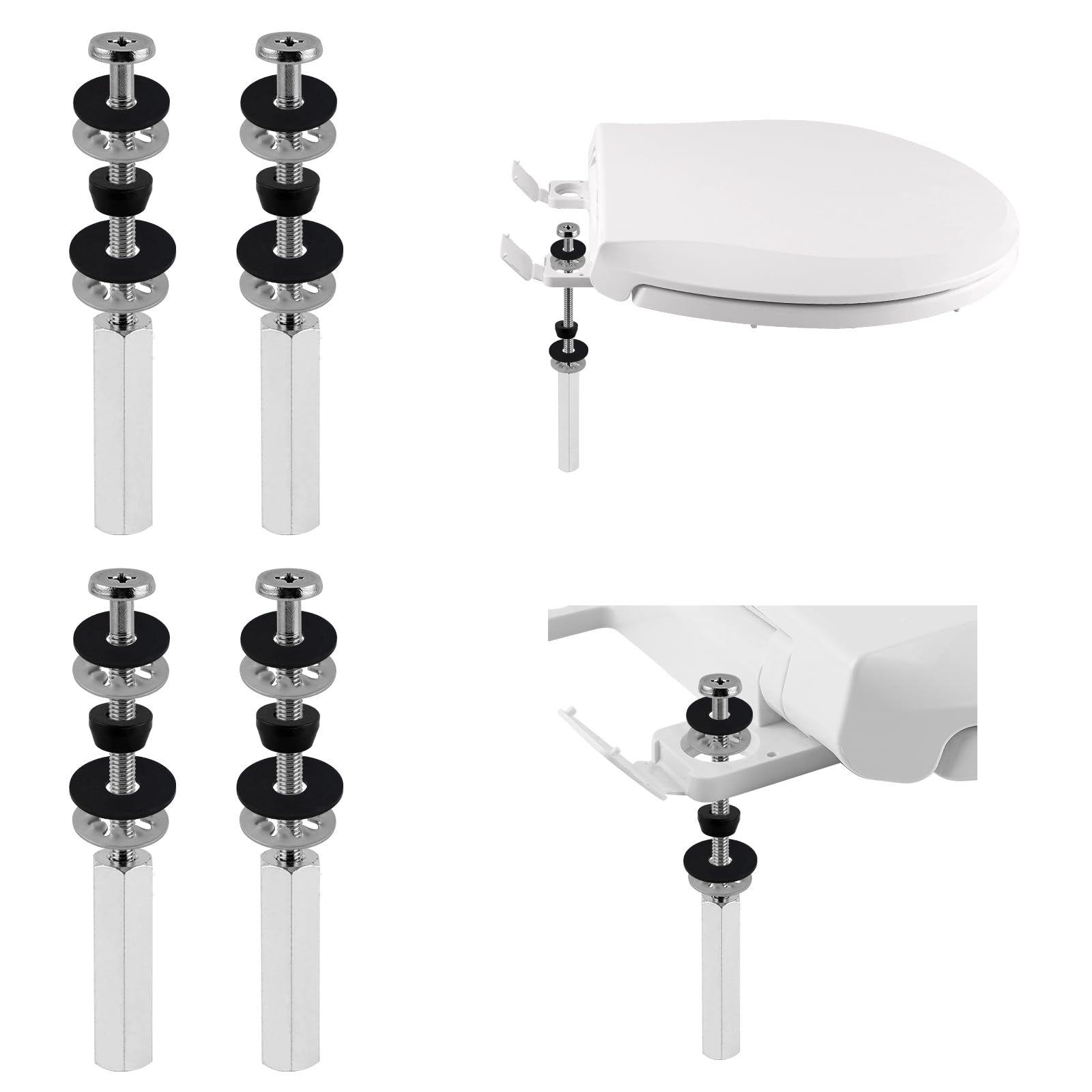 iFealClear Kit de pernos universales para asiento de inodoro, tornillos de acero inoxidable resistentes con tuercas de bloqueo extralargas, juntas dentadas de goma, antideslizantes, paquete de 4