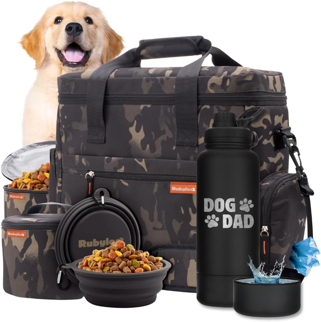 Rubyloo Original Doggy Bag (Camo) & 32 oz Insulated Water Bottle with Attached 8 oz Bowl (Dog Dad) – Dog Travel Bag & Hydration Set