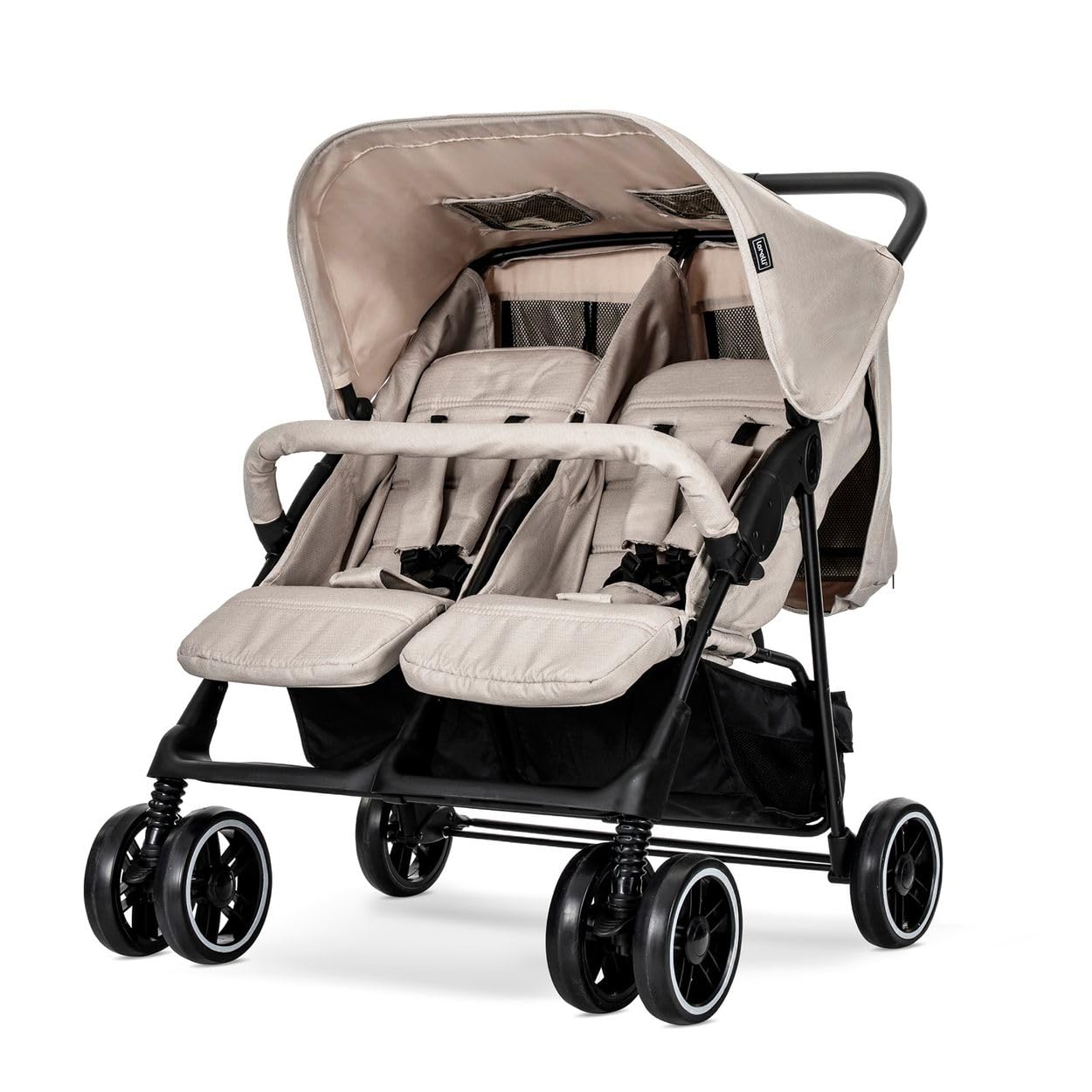 Lorelli Zwillingskinderwagen Twin Buggy klappbar für 2 Kinder, Kompakter Geschwisterwagen mit Einhand-Klappsystem, Beige