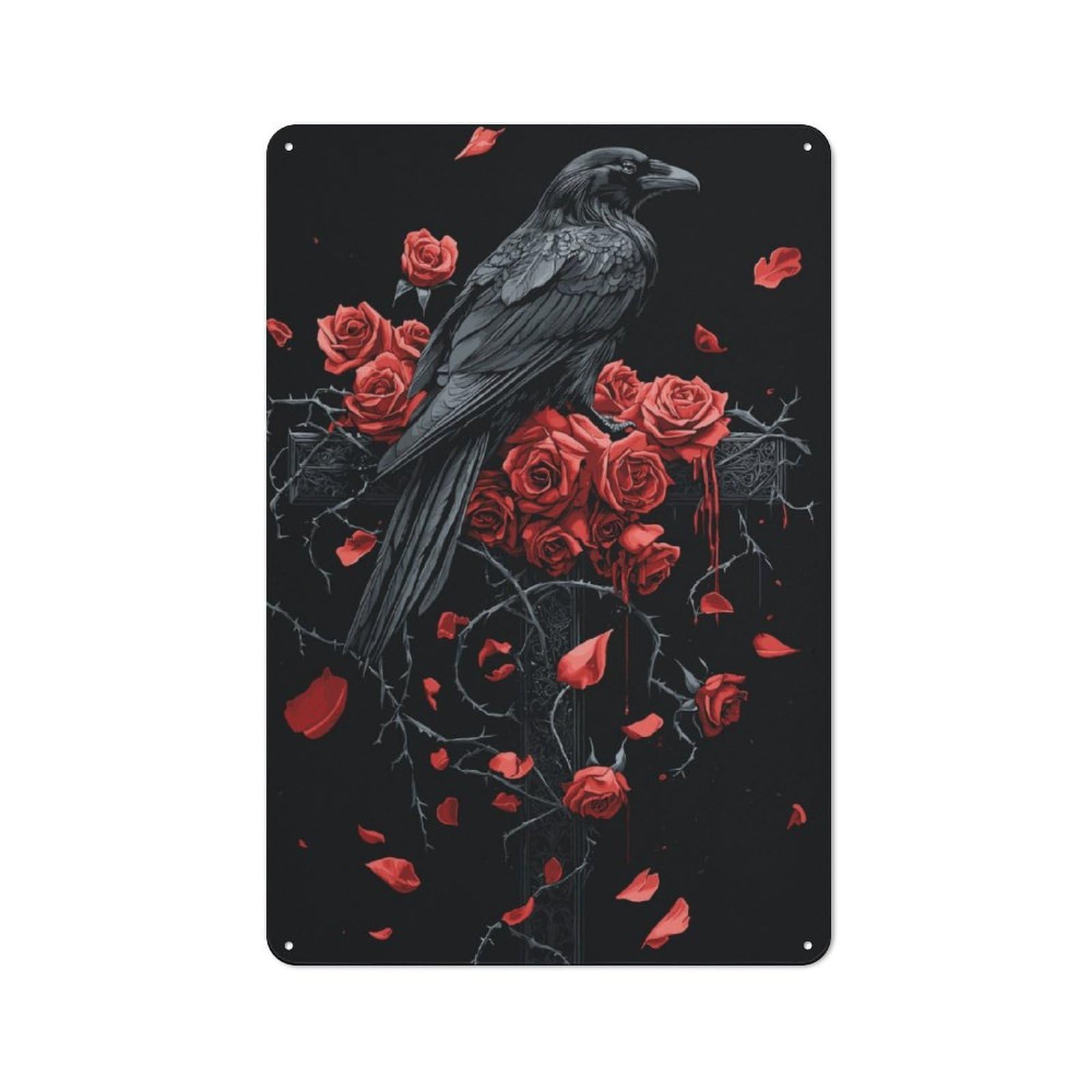 Junmoney Gothic Raven And Roses On Gothic Cross 30X20cm Vintage Metal Plaque With For Garage Or Workshop, A Christmas Gift For People Styling Garage And Workshop