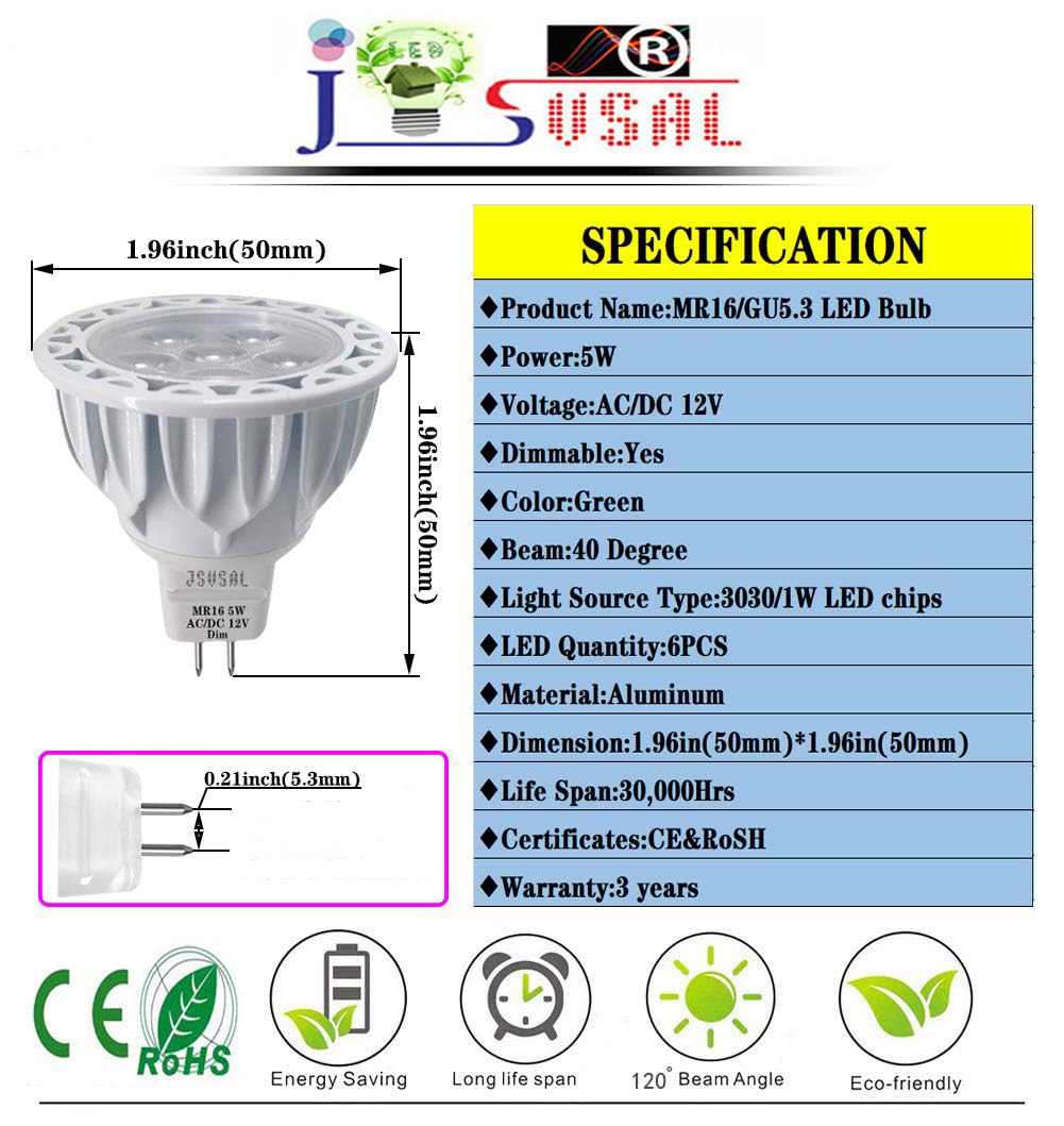 Bombilla LED MR16 GU5.3, verde, 5 W, 12 V, regulable, paquete de 6