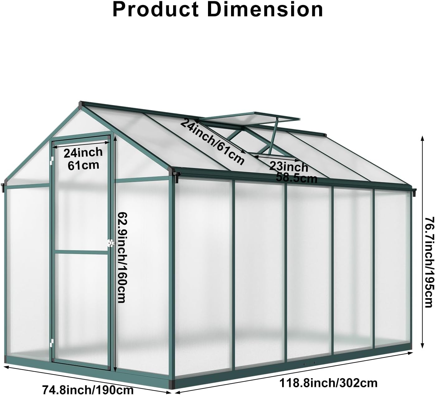 Diagram showing the product dimensions of the Garvee 6x10 FT Greenhouse