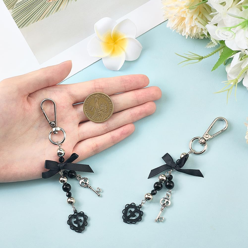 Beebeecraft 2Pcs 5 Inch Gothic Keychain Alloy Black Bow Skull Key Heart Cross with Swivel Clasp for Halloween Horror Cute Bag Charm Decor Keychain for Women Jewelry DIY