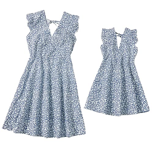 FYMNSI Mamma dotter klänning sommarklänning partnerlook mamma och mig kläder kläder blommig strandklänning familj matchande fritidsklänning, Blå blommor, 2 Jahre