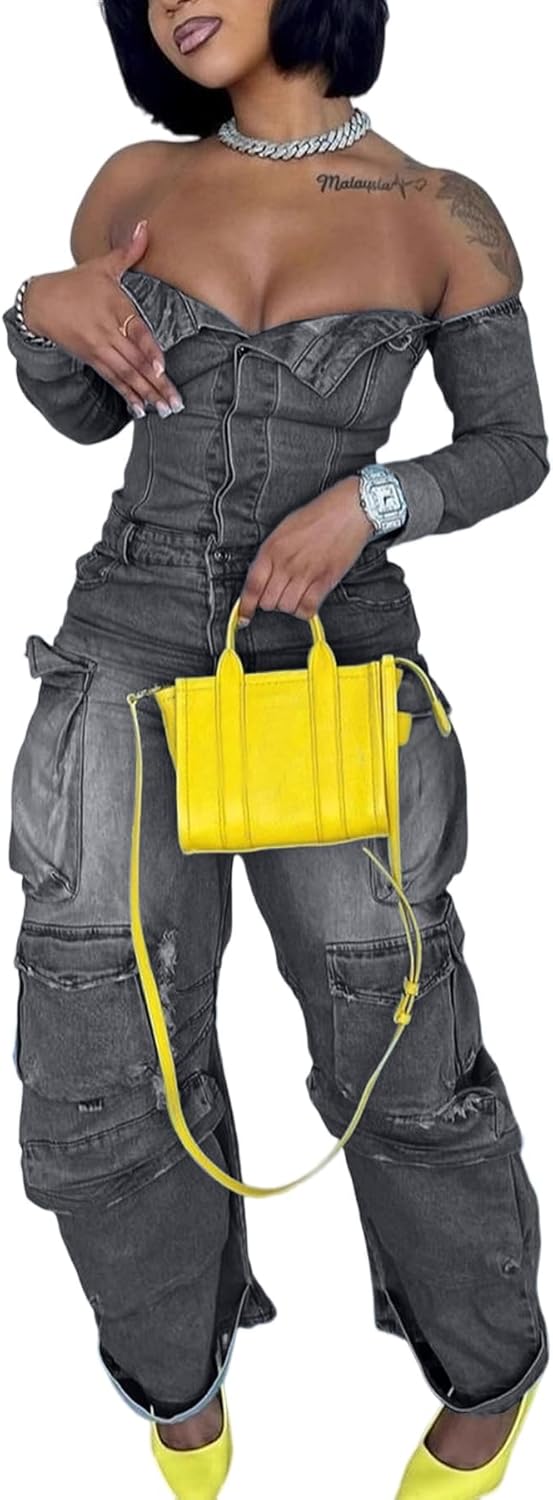 LETSVDO Denim Jumpsuit for Women Sexy Long Sleeve Off Shoulder Cargo Wide Leg Jean Romper(for Club,Going Out,Party)