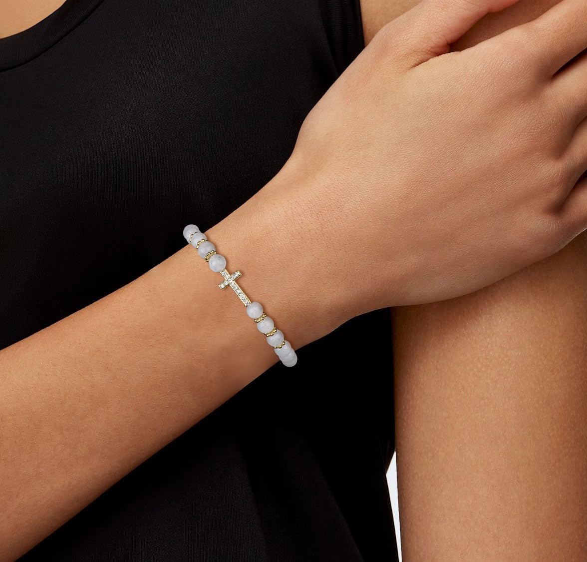 COAI Dainty Cross Bracelet for Women, Black Tourmaline Moonstone Garnet Crystal Beaded Comfirmation Bracelet for Women - Image 2