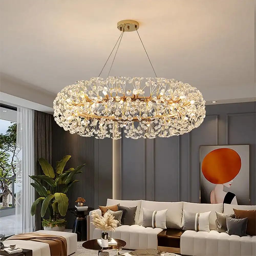 HDC Modern Golden Radiance Burst Round Chandelier, Luxury Dining Room Ceiling Lamp - K9 Crystal and Stainless Steel Ceiling Light Fixture for Living Room, Dining Area & Home Decor Chandelier Lights-image-25