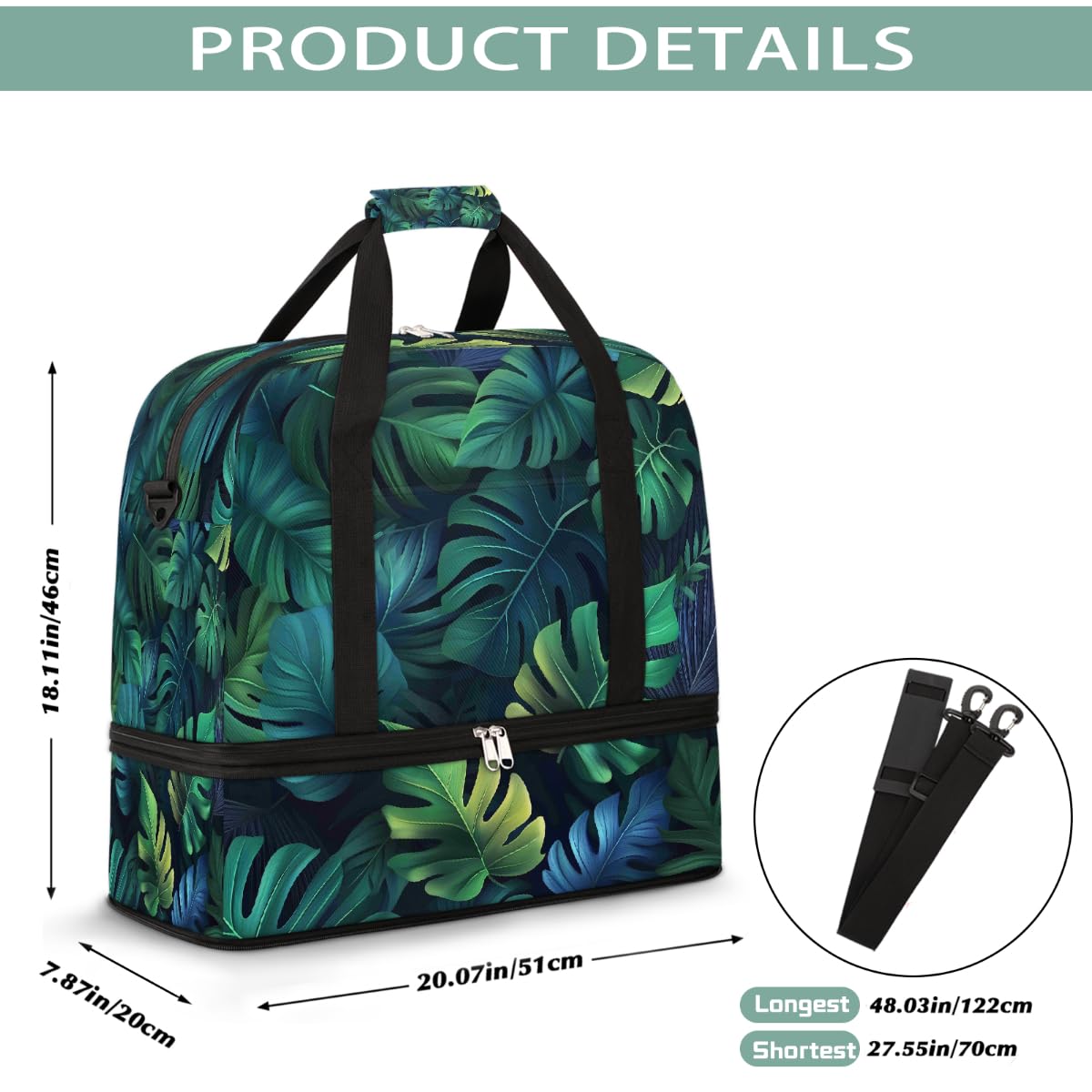 Borsone estivo da viaggio pieghevole con foglie di palma tropicale, borsa da palestra espandibile con scomparto per scarpe, borsa da weekender di grande capacità, borsa da viaggio per sport, viaggi