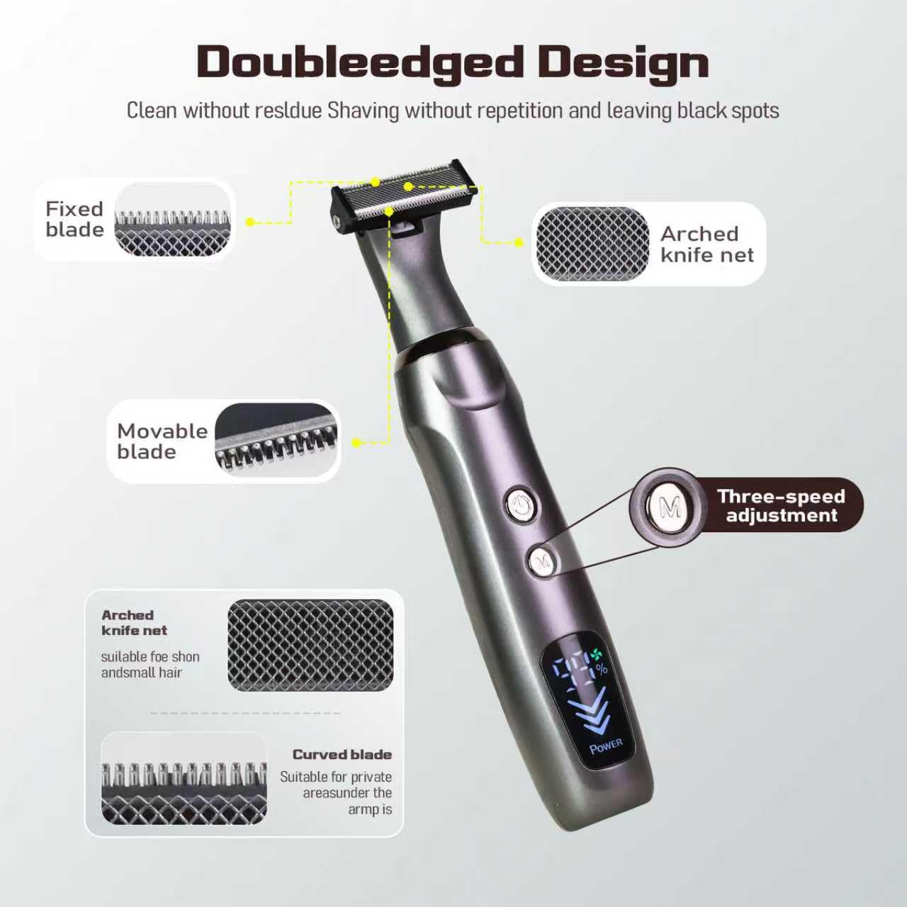 Afeitadora de espalda mejorada para hombre, pantalla LED, recargable, bloqueo de seguridad, IPX7, recortadora de espalda multifuncional para hombres, (tinta negra)