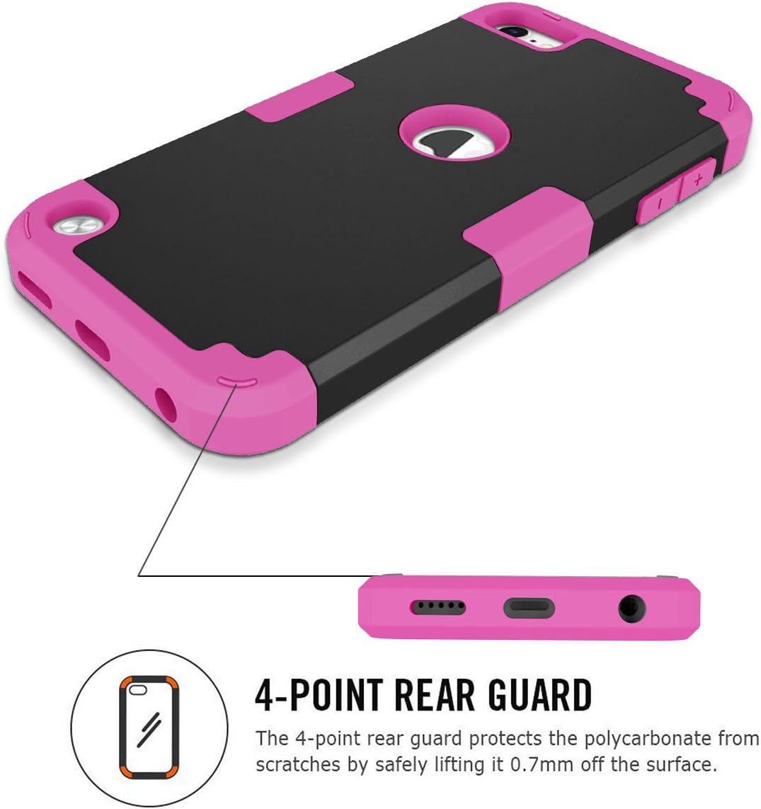 Hocase iPod Touch 7th/6th/5th Generation Case, iPod Touch 7/6/5 Case, Shockproof Protection Soft Silicone Hard Plastic Full Body Protective Case for iPod A2178/A1574/A1509/A1421 - Black/Deep Pink