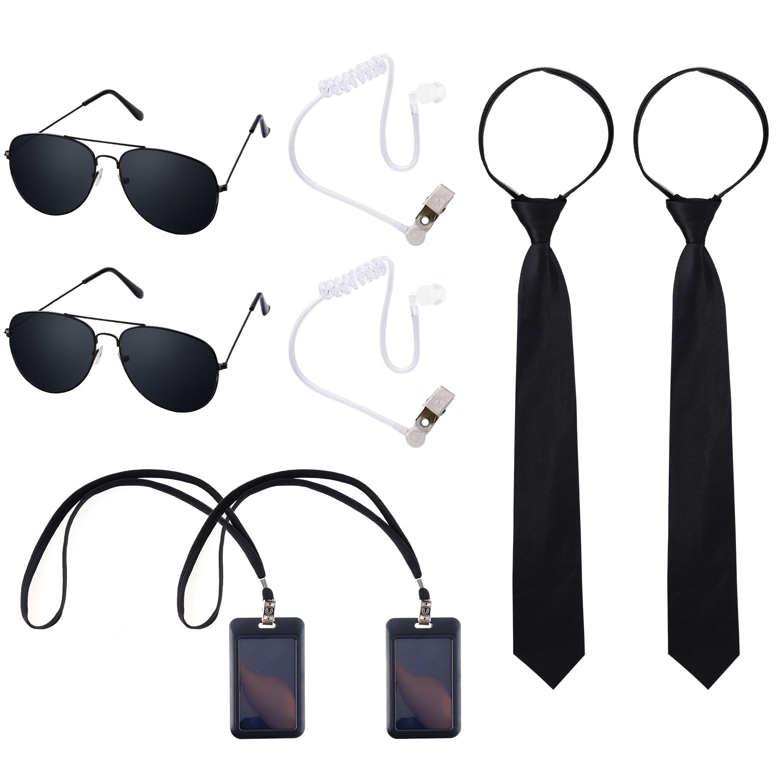 8Pcs Agent Costume Accessory Set Secret Security Guard with Adjustable Zipper Ties Black Sunglasses Earpiece and ID Card for Men Boys Halloween Cosplay Party
