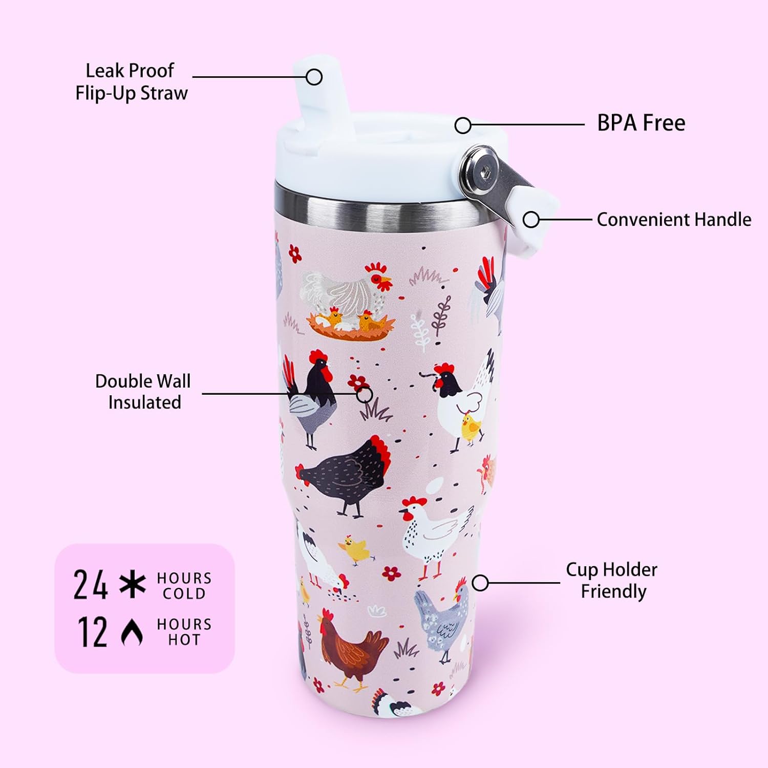 30 oz Tumbler with Handle Flip Straw Leak Proof - Chicken and Rooster Design 30oz Tumbler Travel Coffee Mug with Handle - Birthday Gifts for Women Chicken Lovers 30 Ounce Stainless Steel Cup - Image 2