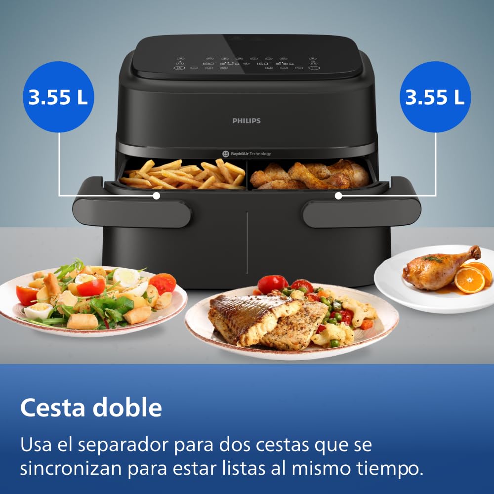 Philips Dual Basket Airfryer Serie 1000-7,1 l de capacidad, tecnología RapidAir, 10 funciones en 1, 90% menos de grasa, diseño compacto, aplicación de recetas HomeID (NA154/00)