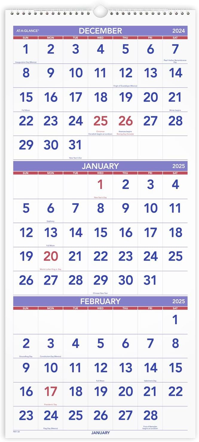 2025 Wall Calendar, 12" x 27", Large, Vertical, 3-Month Reference (PM112825)