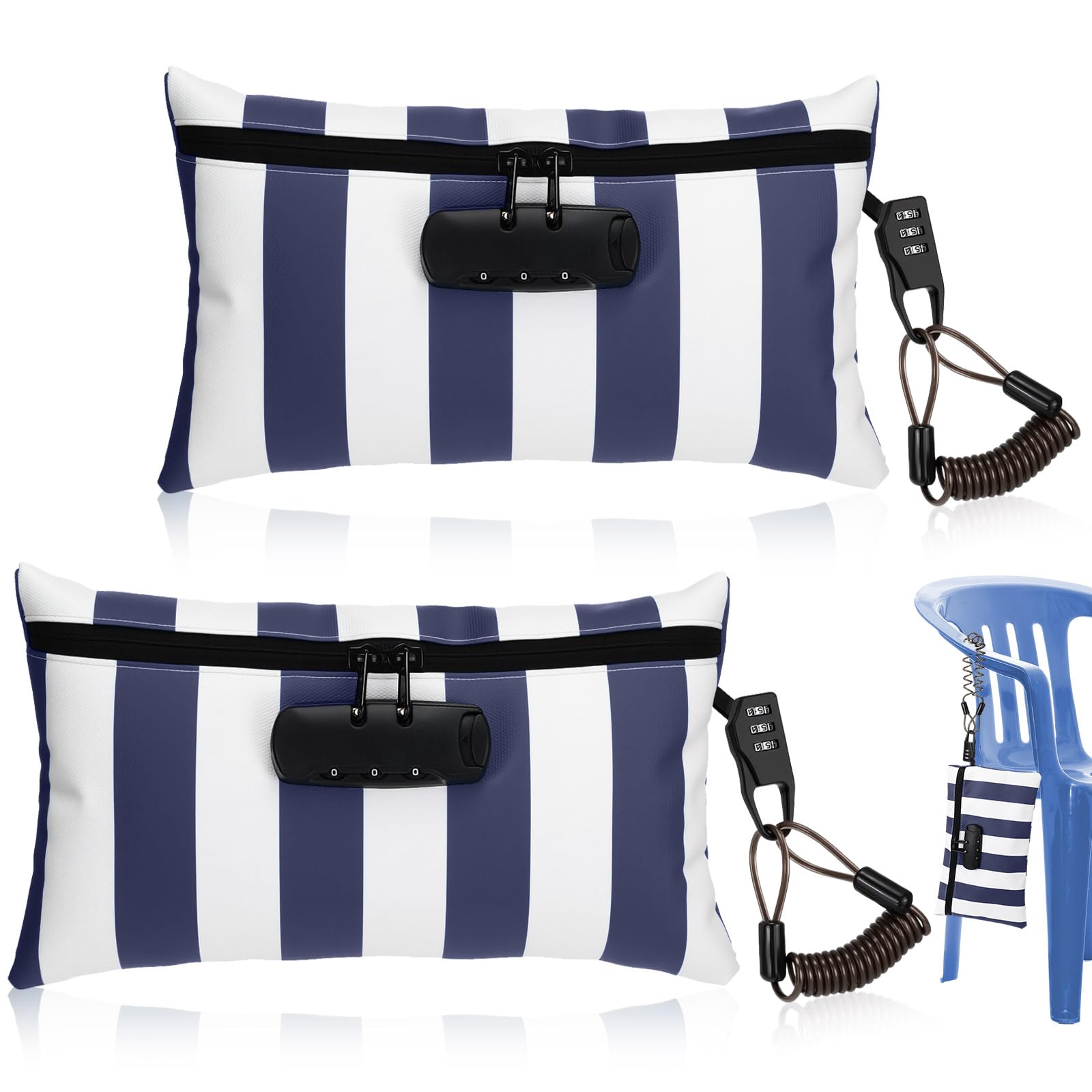 Sanwuta 2 Pack Money Bag with Lock Locking Beach Bag for Cash Pool Travel Summer Swimming 6.7 x 11 Inch(Dark Blue, White)
