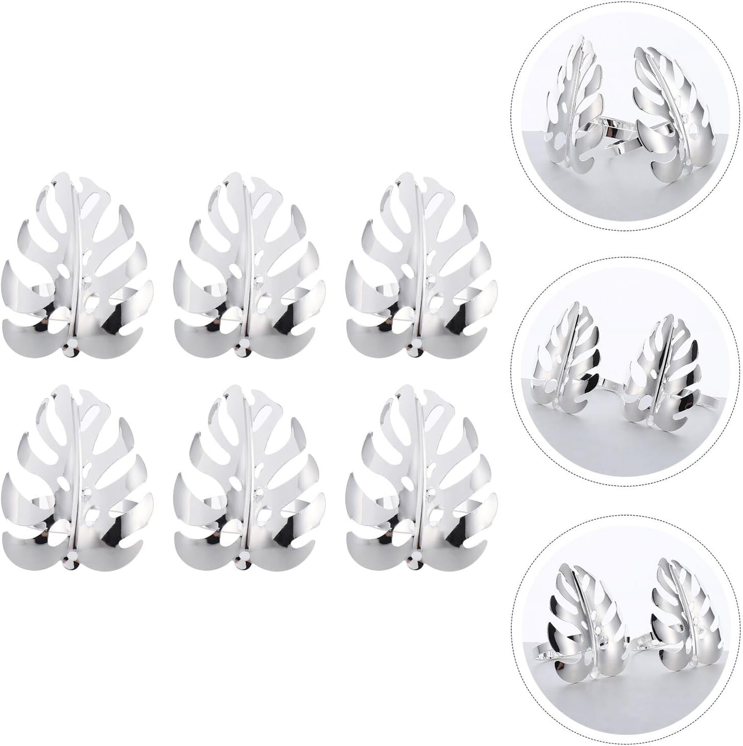 6pcs Elegant Alloy Napkin Rings with Monstera Leaf Design for Dinner Table Decorations Wedding and Festival Party Napkin Holders Silver Finish and Stylish Dining Accessories