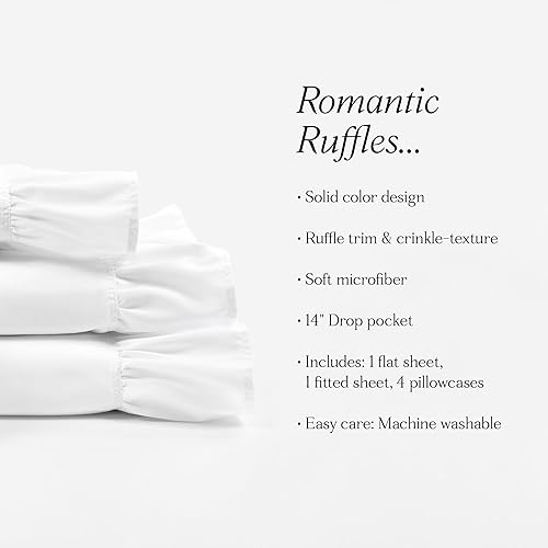 Miniatura 6 de Lush Decor Reyna - Juego de sábanas con volantes de 4 piezas, tamaño matrimonial, color blanco