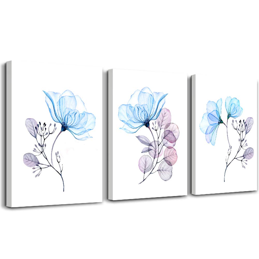 3 Piece Modern Blue Flowers Canvas Wall Art for Bedroom Living Room decor,Bathroom Wall Decor,3 Panels framed Wall Watercolor Painting Kitchen Home Decoration Canvas Print Artwork Wall Mural