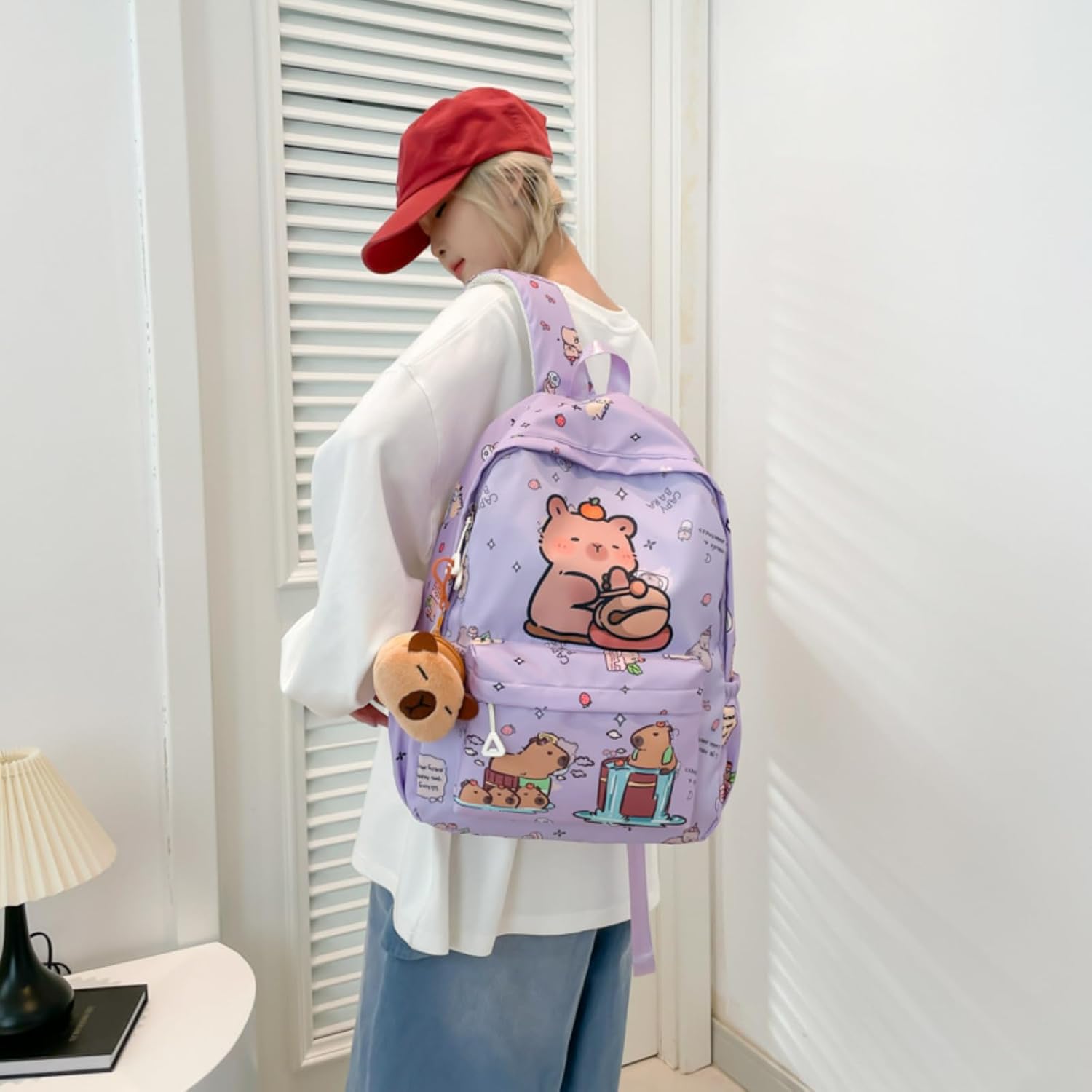 Capybara Fashionable Print Large Capacity Backpack with Pins and Accessories For Adults Ita Bag (Purple) - Image 3