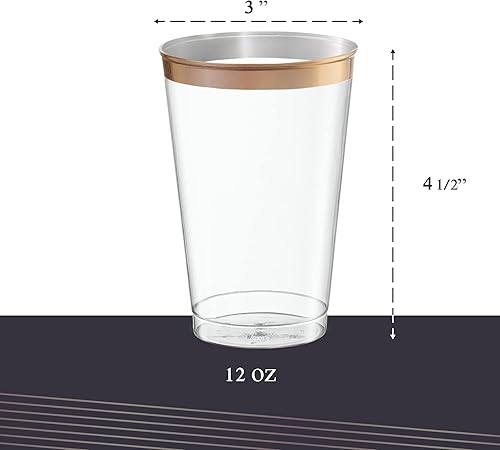 Miniatura 3 de PLASTICPRO Vasos desechables de plástico transparente de 12 onzas con borde de oro rosa para fiestas y bodas, paquete de 50