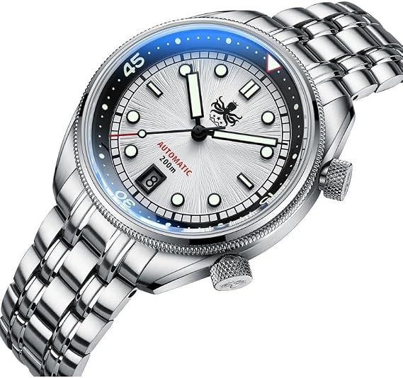 Generico Phoibos EAGLE RAY 200M Steel Automatic White Sunray Date Diver Men's Watch