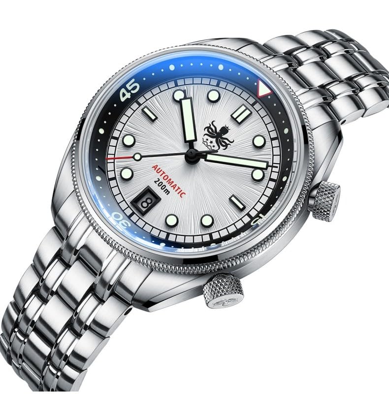 Generico Phoibos EAGLE RAY 200M stalowy automatyczny biały Sunray Data Diver Zegarek męski
