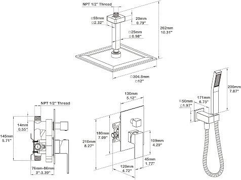 Shower System 12 Inches Rain Shower Combo Set Chrome Ceiling Mount Shower Faucet Bathroom Faucets with Rainfall Shower Head and Hand Shower