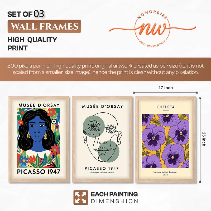 Image of NoWorries Modern Abstract Wall Art Frame | London Chelsea Floral Print & Picasso' Inspired Wall Art Paintings 300 GSM Premium Prints | Stylish Home Decor for Living Room, Office & Bedroom | Synthetic Wooden Wall Art Frames (Set of-3) (NATURAL, ART-3, 17X25INCHES)