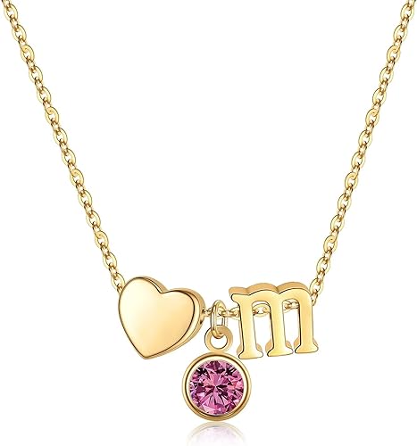 Ursilver Initial Birthstone Necklace for Women - Dainty Heart Initial M October 