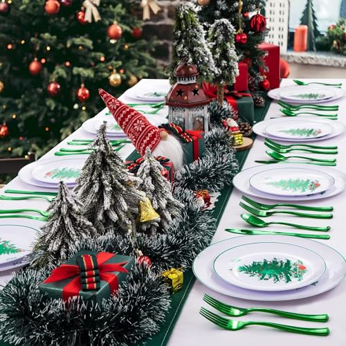Rubtlamp 60PCS Christmas Plastic Plates, White Disposable Plates with Green christmas Tree, Fancy christmas Party Plastic Plate Include 30 Dinner Platos, 30 Dessert Platos for Parties – Image 7