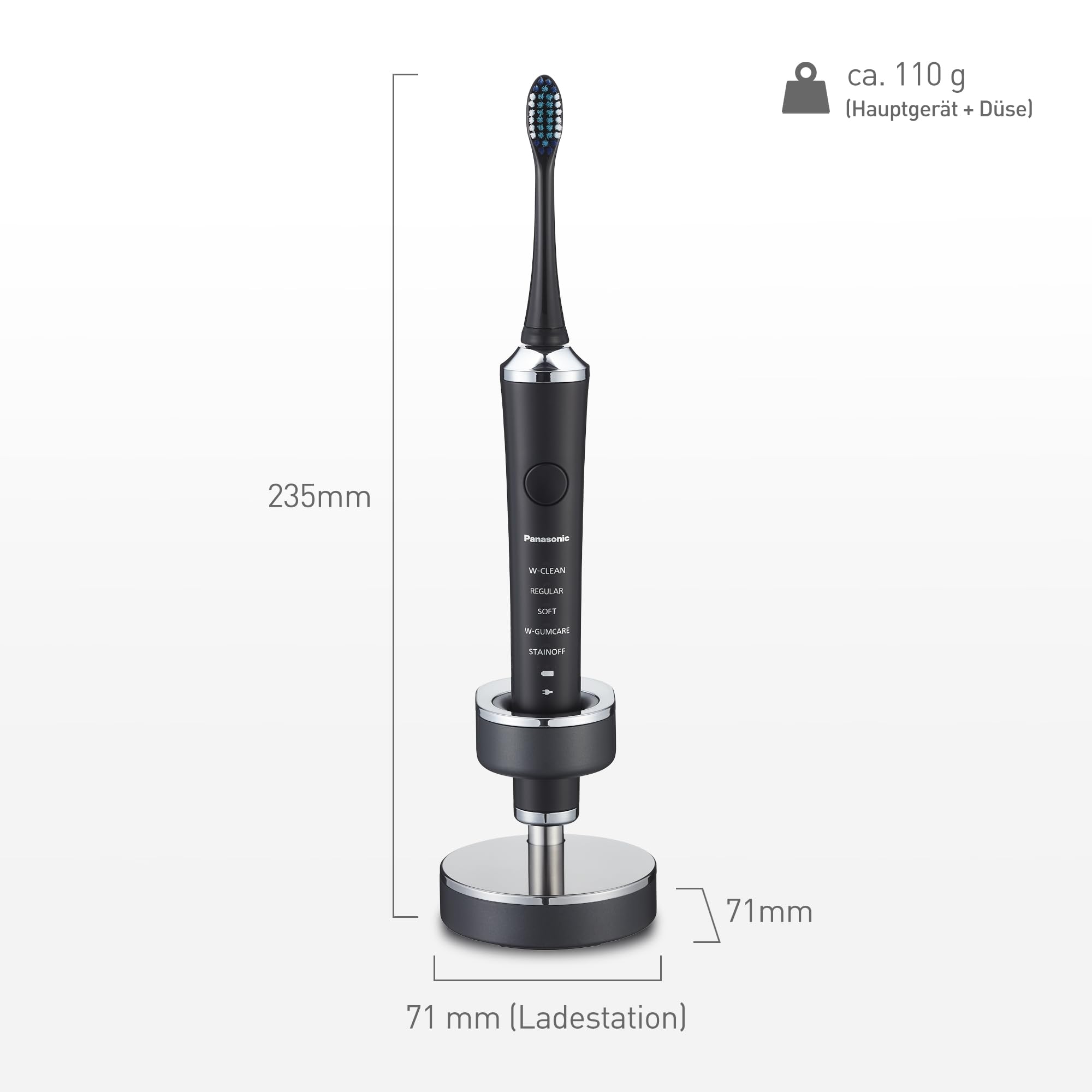 Panasonic EW-DP52-K803 Wiederaufladbare elektrische Zahnbürste, extrafein, Multi-Fit, Anti-Verfärbung, Spitzen- & Silikonbürsten, Ladestation, Schallvibration, LED-Anzeige, 90 Min Laufzeit, Schwarz