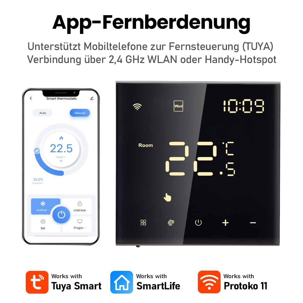 Thermostat Connecté WiFi Chauffage de l'eau Thermostats d'Ambiance Programmable Régulateur de Température Mural avec LCD Numérique Compatible Tuya 3A,Noir