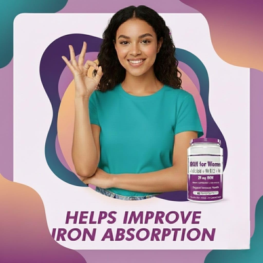 Iron Supplement for Women -100% Chelated - with Vitamin B12, Folic Acid & Vitamin C for High Absorption (60 Veg Capsules)