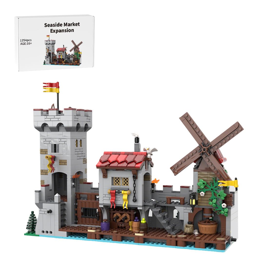 Medieval Village Kit, DIY Coastal Market Architectural Model with Castle Tower, Rustic House and Windmill - Expandable with Other Medieval Models, 1254 Pieces