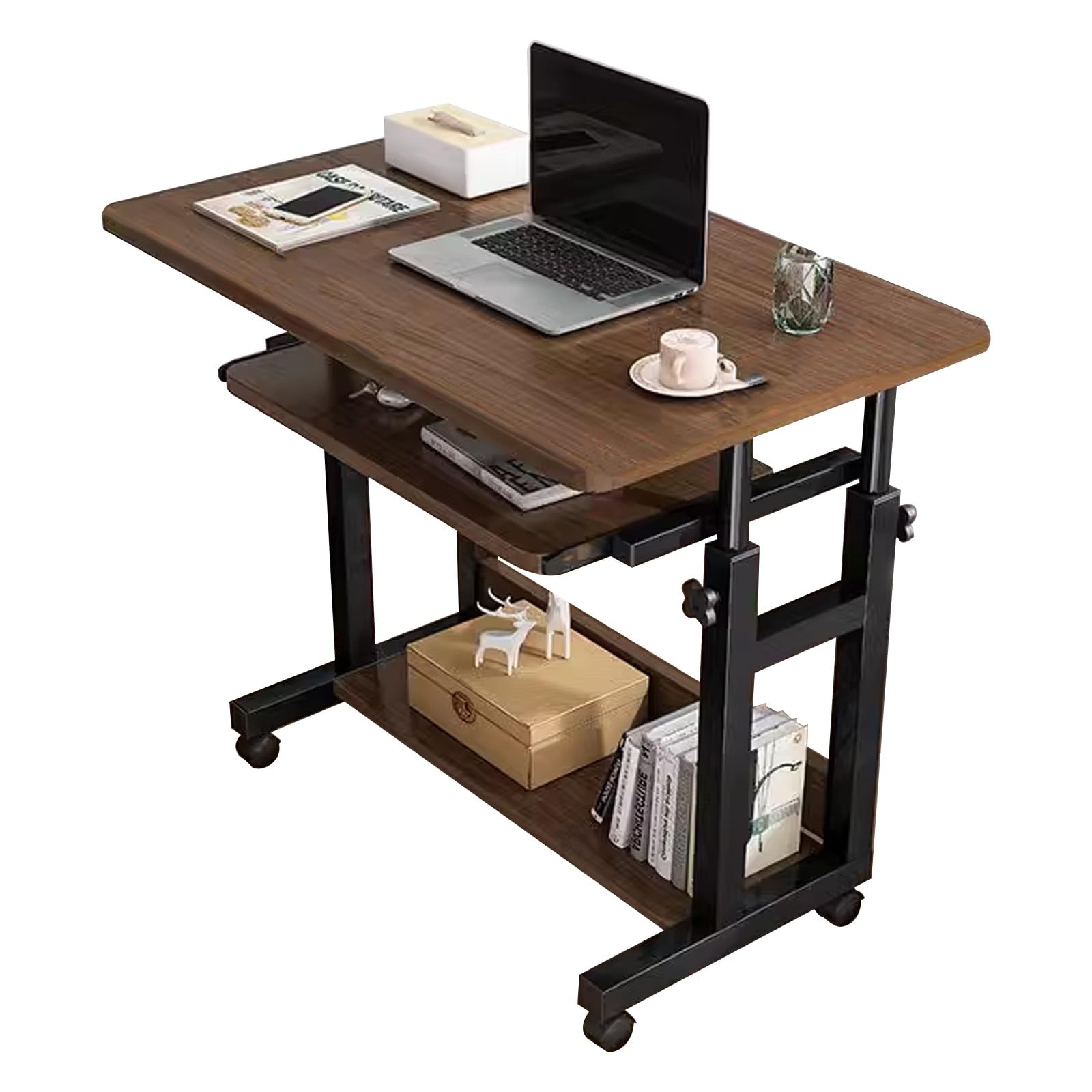 Rolling Computer Desk, Small Adjustable Desk, Mobile Couch Sofa Table with Pull Out Keyboard Tray and Storage Shelf, Computer Table with Wheels - for