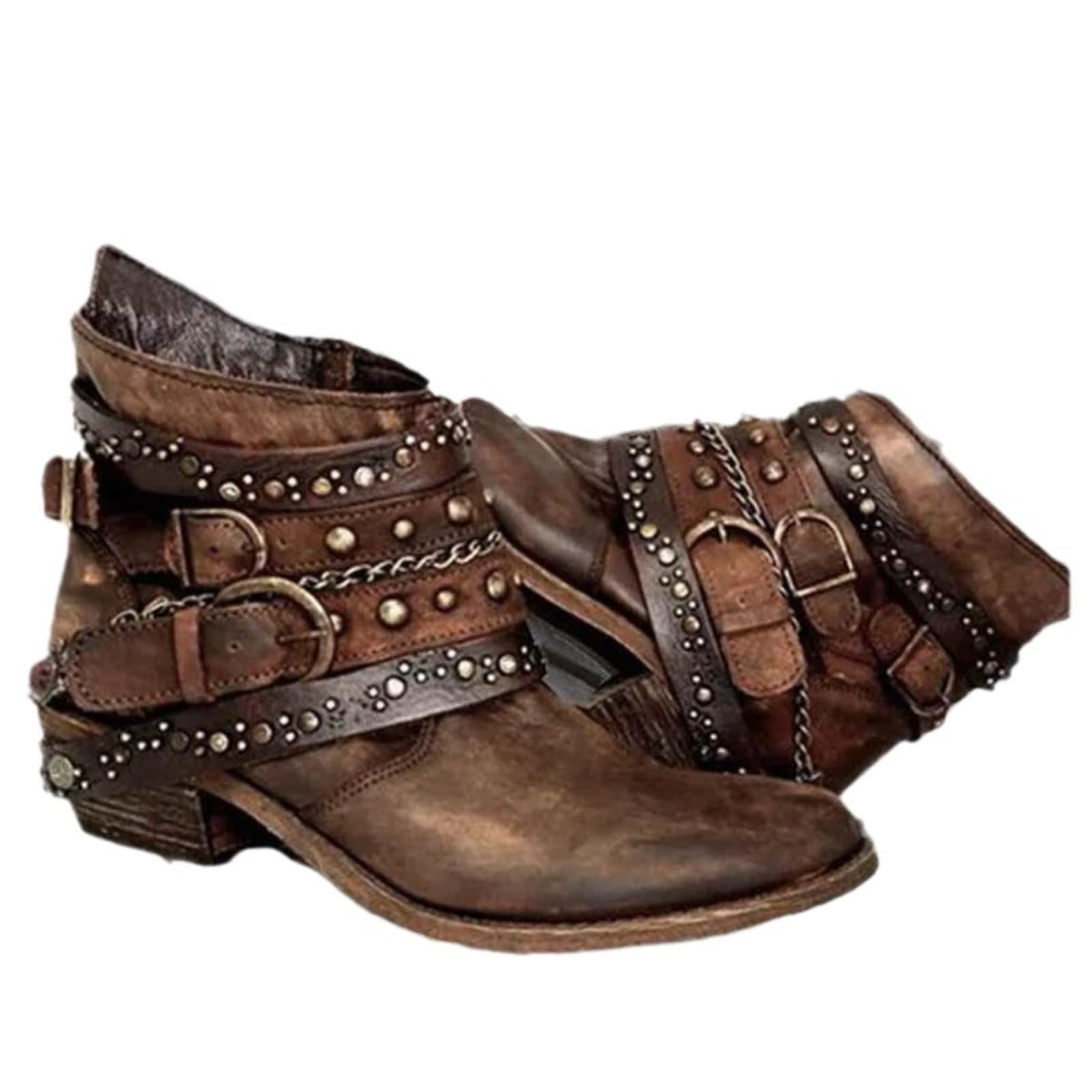 Womens Chunky Heel Ankle Boots with Side Zipper and Buckle Strap Round Toe Short Boots brown 7