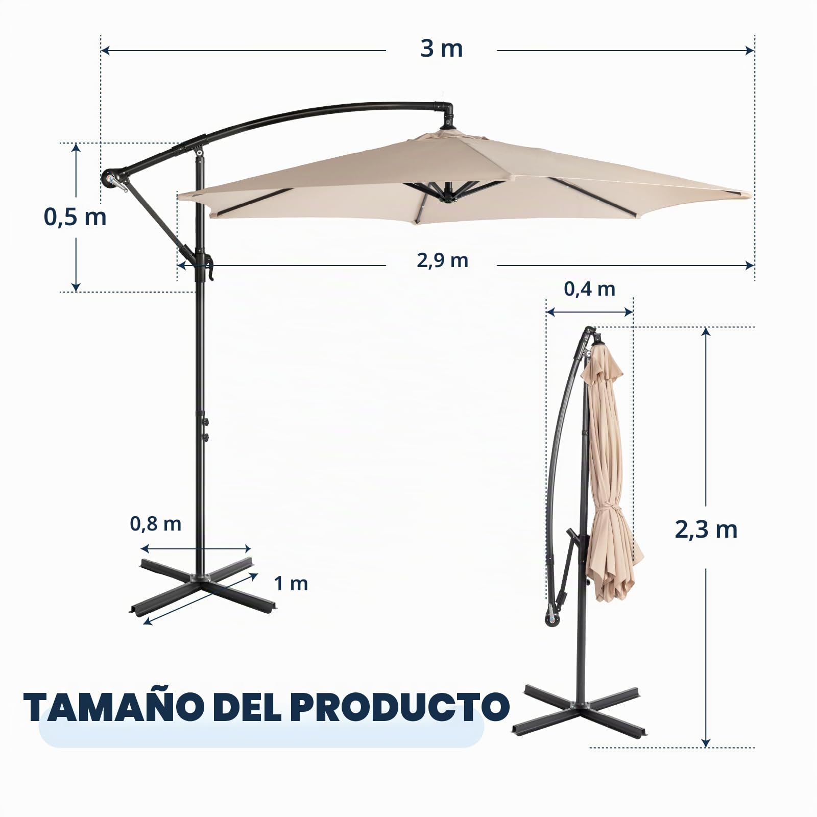 LEADZM Sombrilla de 300 cm de diámetro, sombrilla con manivela y giratoria 360° con 6 costillas, resistente al agua y protección UV, sombrilla de jardín con soporte para jardín, terraza y exterior