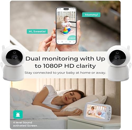 Miniatura 3 de Monitor inteligente mejorado para bebés con video y audio, pantalla de 720p de 5 pulgadas, cámara de 1080p, visión nocturna HD, PTZ, conversación