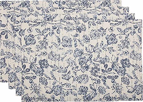 Doylestown Floral Reversible Placemats, Set Of 4, 12" X 18", Blue & Cream Flower Print, Vintage Farmhouse, Country Cottage Tabletop Mats #TOP3
