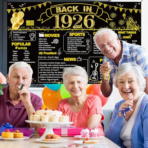Image of DARUNAXY 100th Birthday Black Gold Party Decoration, Back in 1926 Banner 100 Year Old Birthday Party Poster Supplies, 6x3.6ft Large Vintage 1926 Backdrop Photography Background for Men and Women