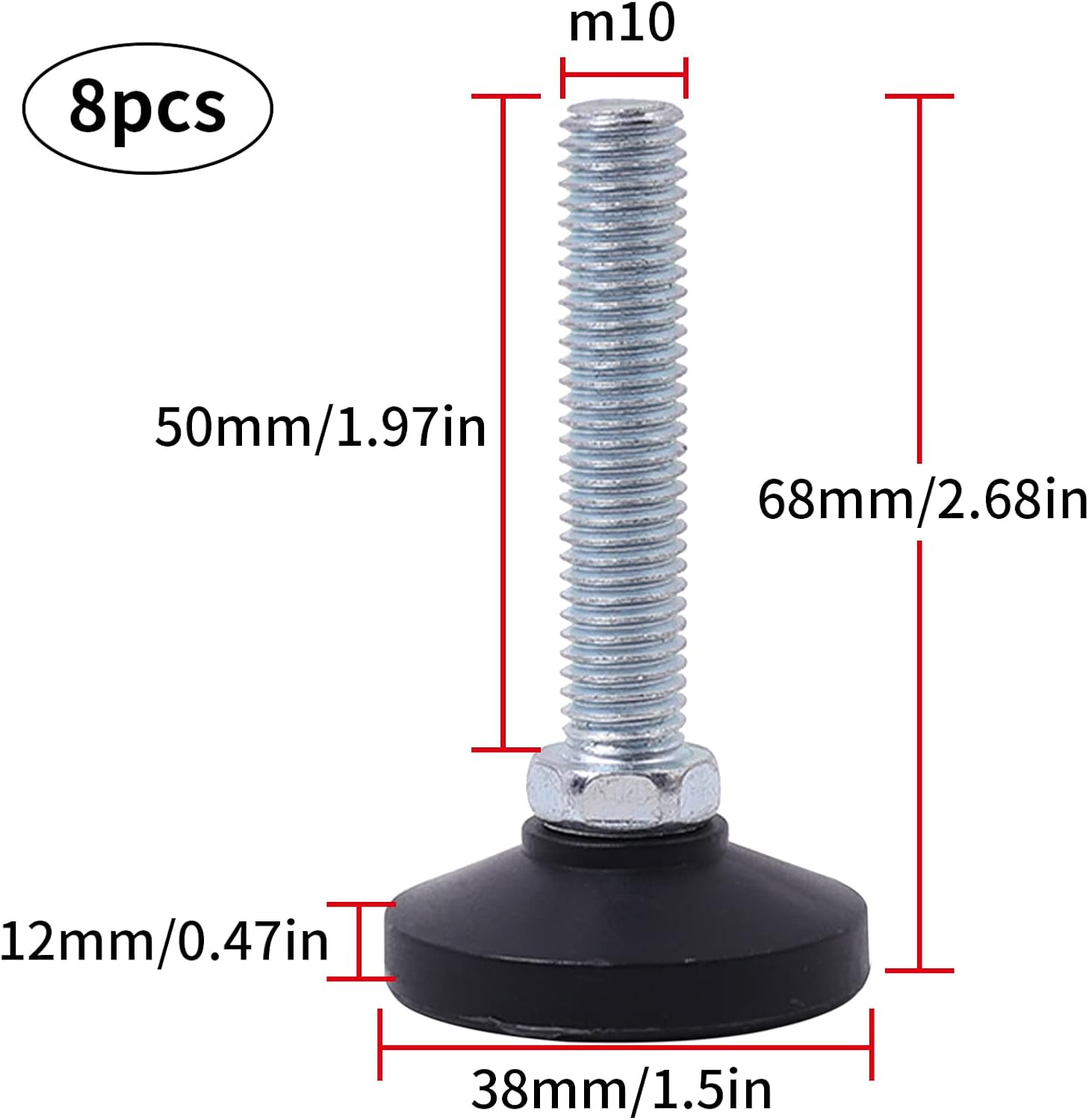 Heavy Duty Leveling Screw Leg, M10 x 50mm Carbon Steel Shockproof Adjustable Leg Leveler, 1.5" Base Pad Furniture Leveling Feet for Cabinet Chair Desk Machine, 8 Pack
