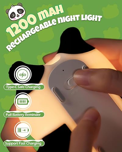 Miniatura 6 de Linda luz nocturna de panda, lámpara de animales, silicona de grado alimenticio, recargable, 3 niveles regulables, luz nocturna blanda para