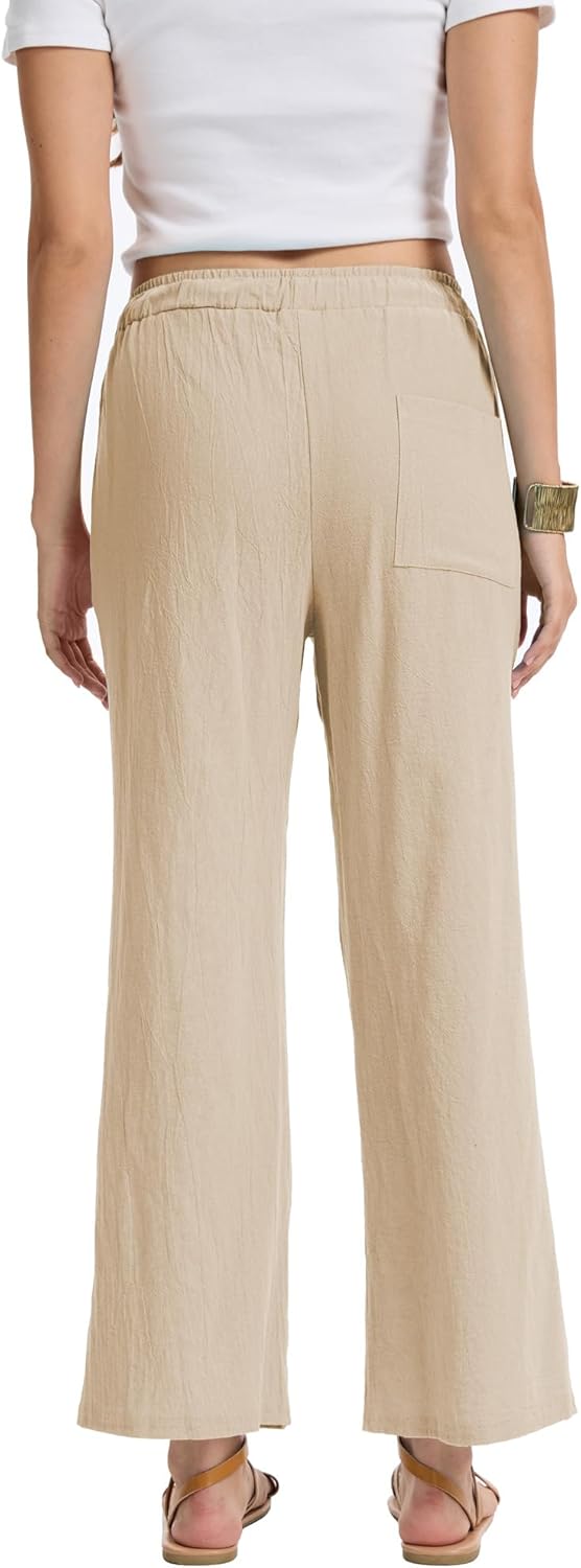 YOCUR Women Casual Drawstring Straight Leg Pants Cotton Linen Beach High Waisted Trousers Flowy Lounge Lightweight Pants - Image 2