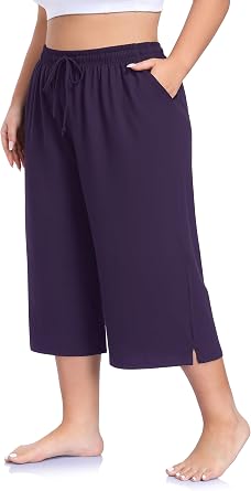 ZERDOCEAN Womens Plus Size Wide Leg Capri Pants Loose Yoga Pants Comfy Lounge Pajama Capris with Pockets