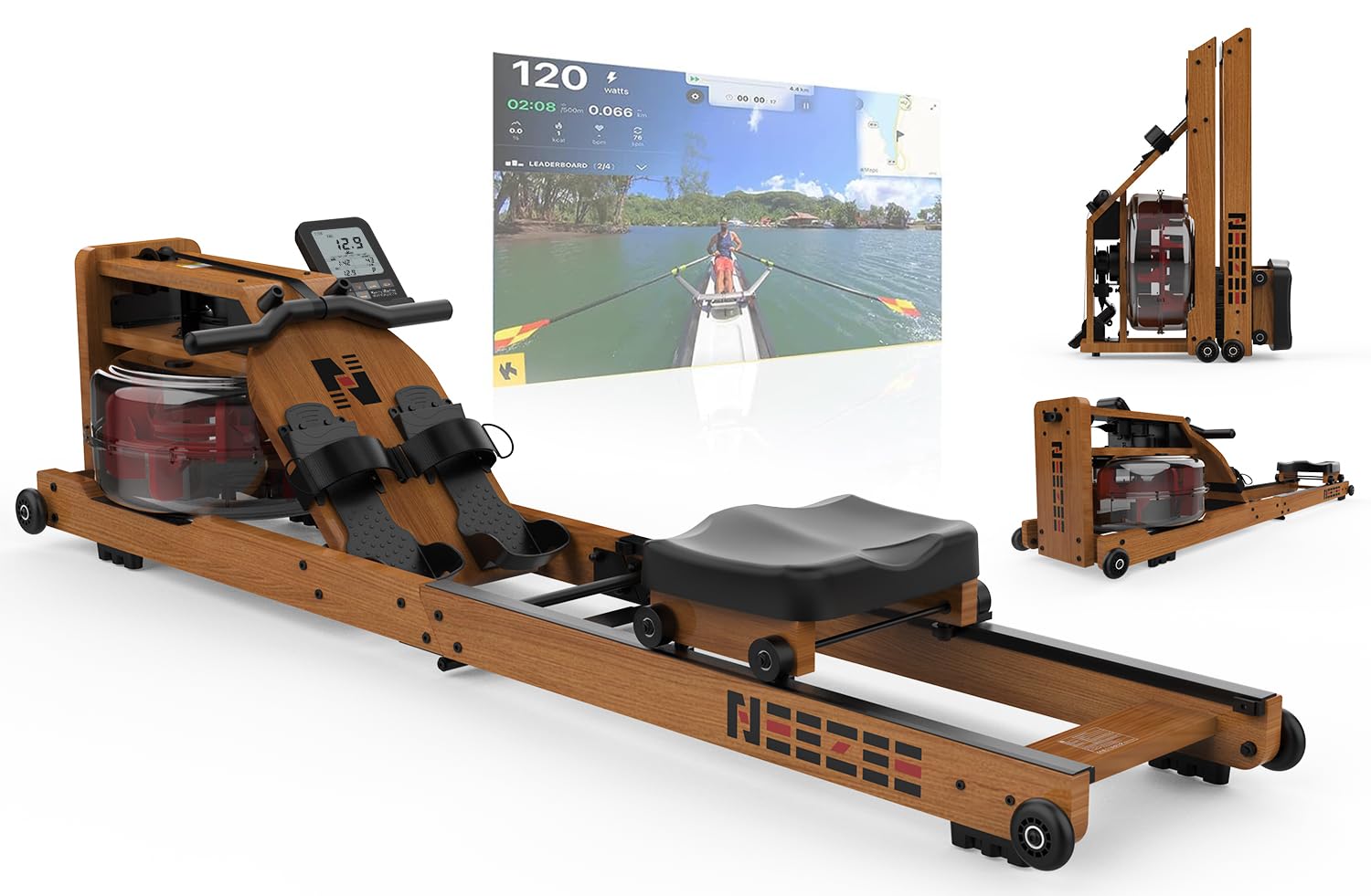 Neezee Wasser Rudergerät für Zuhause, Klappbar Rudergeräte aus Massivholz, Rudermaschine mit Bluetooth Anzeige und Tablet-Halterung, Max 200kg Belastbar, Kompatibel mit Kinomap APP
