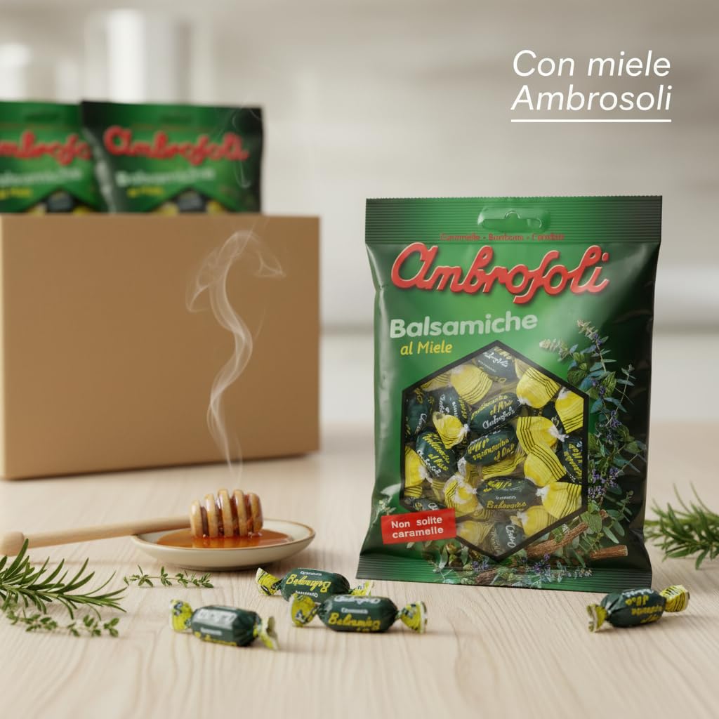 Ambrosoli Caramelle Balsamiche al Miele – Cartone Convenienza 20 Buste da 135 g – Caramelle Balsamiche Rinfrescanti con Miele – Ideali per Ufficio e Casa